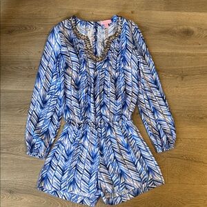 Lilly Pulitzer Blue and White Leaf Print Romper xxs